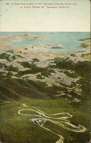 A view from summit of Mt. Tamalpais showing double loop on Scenic Railway, Mt. Tamalpais