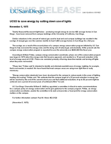 UCSD to save energy by cutting down use of lights