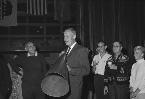 Farewell to Revelle Party, Roger Revelle with megaphone