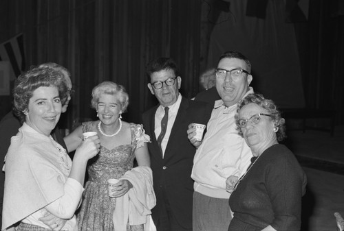 Farewell to Revelle Party: Sybil York, Harold Urey, Ellen Revelle, Carl L. Hubbs, Herbert York, unidentified. September 26, 1964