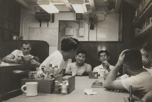 Baird Mess Hall. From Left: Alan Smith, Japanese journalist, Dick Morita, Japanese journalist, Jack Bradshaw, John McGowan