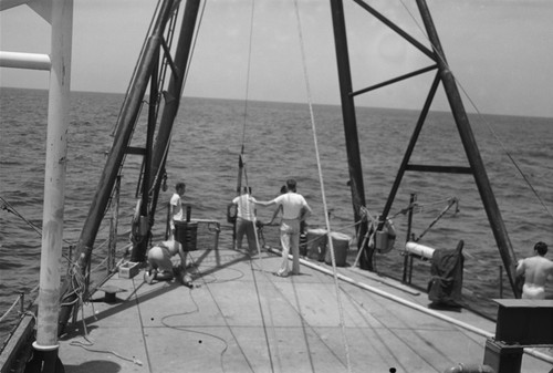 [Deployment of sonabuoy on deck of R/V Spencer F. Baird]