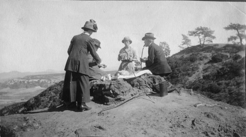 From left to right; Mrs. Miller, Mary Bennett Ritter, Bernadine H. Woodworth, and William Emerson Ritter are shown here enjoying a picnic at Torrey Pines, which was a city public park at this time. Circa 1919