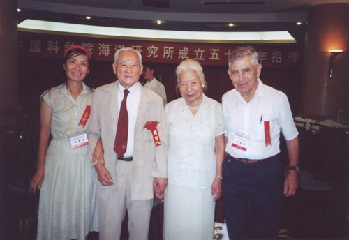 Left to right: Lanna Cheng of Scripps Institution of Oceanography, Professor Zeng Cheng-Kui (formally: C.K. Tseng), Mrs. Cheng-Kui (formally: Mrs. Tseng), and Professor Ralph A. Lewin also from Scripps Institution of Oceanography in Qingdao, Peoples Republic of China. July 31, 2000