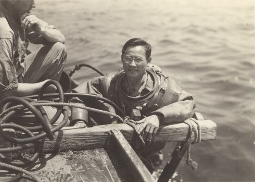 C. K. Tseng in a diving suit at Laguna Beach, California. C.K. Tseng would later be known Zeng Chen-Kui a marine biologist in the Peoples Republic of China. Post-doctoral work was done at Scripps Institution of Oceanography before returning to China in 1947. August 9, year unknown