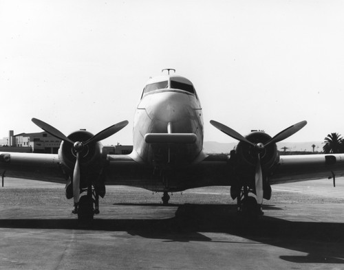 In 1962 Applied Oceanography Group (AOG) at Scripps Institution of Oceanography leased this DC-3 airplane and it would later be given to them for continued research. This photo shows the front view of the aircraft. With the airplane it was possible to survey 10,000 square miles of sea surface in 24 hours. Circa 1965