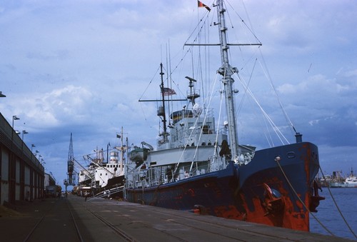 Research ship Argo during the Lusiad Expedition (1962-63). This expedition was an international effort to explore the Indian Ocean. On this expedition, the Scripps Institution of Oceanography research vessels Horizon and Argo sailed around the world to study the Indian Ocean, its currents and map its seafloor. Circa 1963