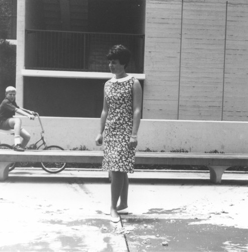 Mia Jean Tegner as a undergraduate student at UCSD who became the "Watermelon Queen" for Revelle College. The watermelon toss on Revelle College is a tradition where students would toss a watermelon from the top of Urey Hall on the Revelle campus of UCSD to see who could make it splash the widest, as part of festivities a watermelon queen would be named. Mia would later work for Scripps Institution of Oceanography for over thirty years as a research marine biologist. June 1966