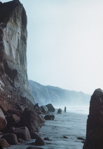 Some rocky formations on the shoreline of "La Jolla Shores" beach, La Jolla, California. February 1945