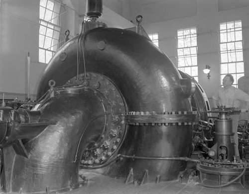 Interior of Adams main power plant - caretaker Blair in photo