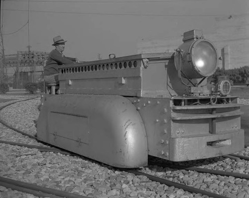 Electric car used to move heavy transformers at receiving station B at 9615 South Central Ave