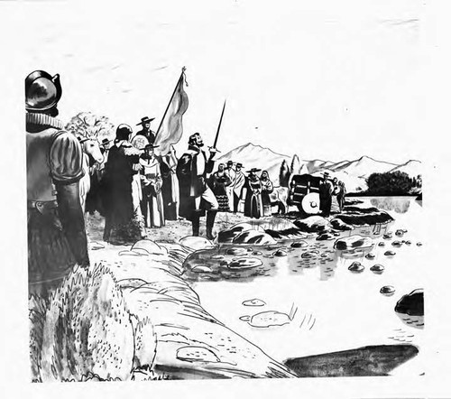 Historical sketch of Spanish soldiers and settlers claiming California for Spain