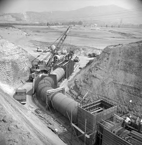 60-inch concrette covered low pressured gravity flow pipeline on floor of Upper Van Norman Reservoir