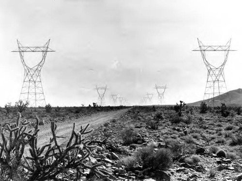 Boulder Dam transmission line construction road east of Jean camp, flanked by 109-foot towers