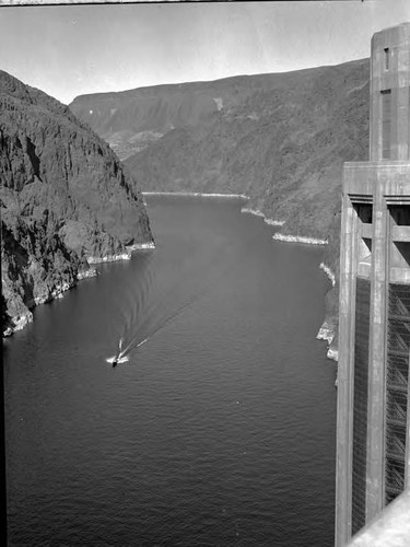 Upstream view of a portion of the lake behind the dam