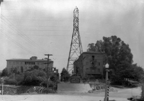 Power lines in built-up residential area