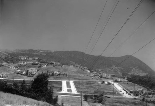 Power lines in built-up residential area