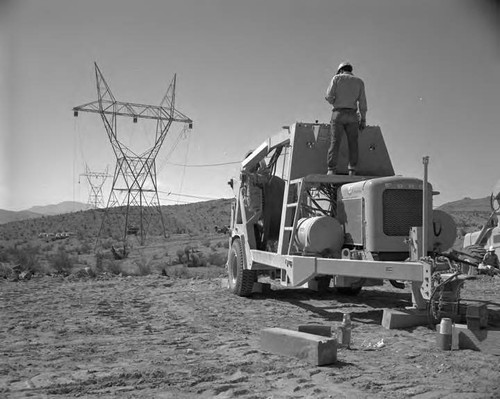 Wire stringing 3rd circuit construction from Boulder line at Victorville