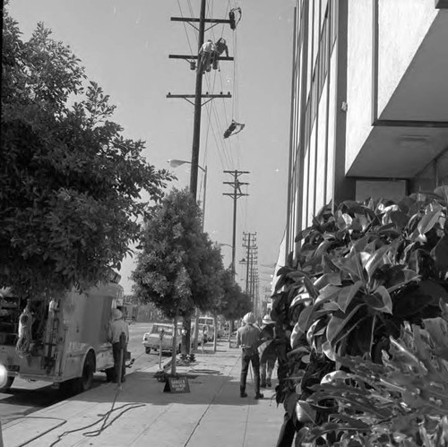 Overhead lines are taken down then poles are removed on Pico Blvd