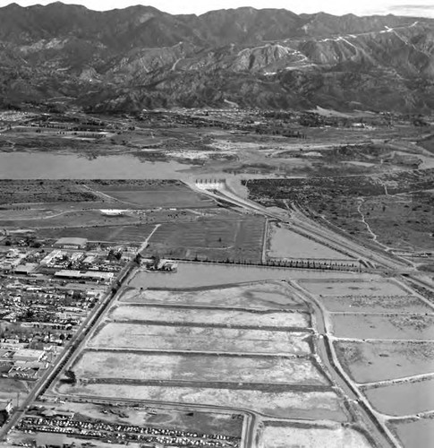 Air view of Hansen Dam and spreading basin