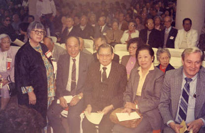 CCOA event at 600 North Broadway Street, Los Angeles. Lily Chan was president from 1984-1985. Pictured here are Lily Lum Chan, Larry Wong, Poy Wong, Mrs. Poy Wong, Ed Dralle