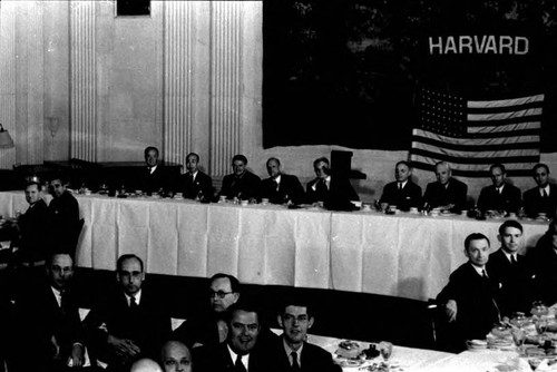 Closeup of annual banquet, the Harvard Club of Southern California, Hotel Biltmore, Los Angeles