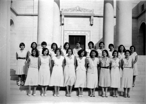 Ward Photos S.C. Back Row (from left): [1] Elinore Soo Hoo, [3] Lily Soo Hoo, [5] May Wong, [6] Mabel Hong, [8] Rose Wong Fromt Row: [1] Jessie Ming (from left to right), [2] Dora Soo Hoo, 4th from right, [3] Mary Tom, 3rd from right, [4] Ester Leong, 1st from right