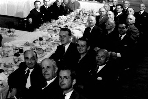 Closeup of annual banquet, the Harvard Club of Southern California, Hotel Biltmore, Los Angeles