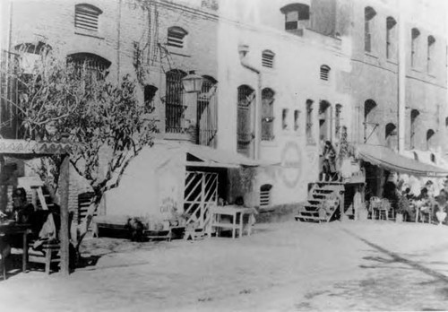 Photograph of Olvera Street with Cafe Italiano and Cafe de Loza in view