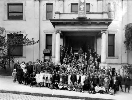 Group photo in front of the Chinese Presbyterian Church, San Francisco. (Morton Photographers)