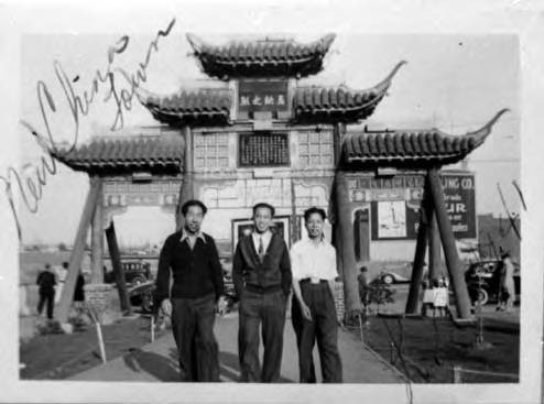 Mr. Louie, Jim Wong and Raymond Chow in Chinatown at the North Broadway gate