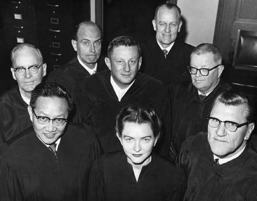 Photograph of the eight new inductees to the Superior Court, including Shirley Hufstedler, who later became a General Appeals Court Judge and the first Secretary of Education, a position created by President James Carter