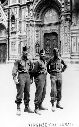 Peter Soo Hoo wrote, "The war in Europe during World War II ended May 6, 1945, so we were able to visit Florence, Italy. My friend in the middle is Louis Ram Baud, who was a farmer from Bakersfield, CA..."