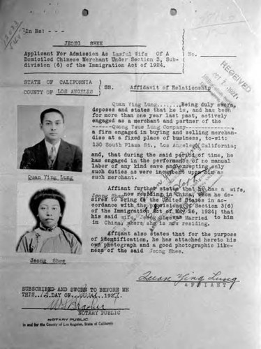 Applicant for admission as lawful wife- upper right: Received October 7, 1927, Immigration Service, Los Angeles, California middle: Exempt status of affiant 2--Y--L--conceded this date on basis of _______ thereof submitted. Ed L. _______ opp Acting Commissioner of Immigration Port of San Francisco, California. Date - October 5, 1927 bottom left: 15 day of June 1927, W.S. Brasher Notary Public