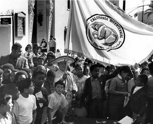 Children with California Bicentennial flag at the Sunset Boulevard closing