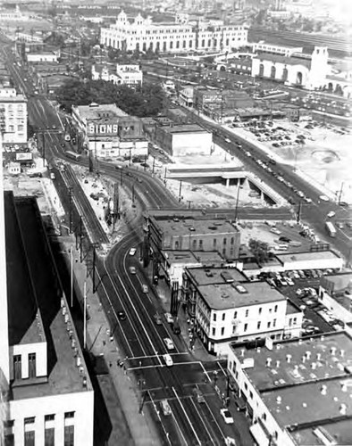 Aerial view of the Plaza and surrounding area and Main Street