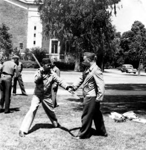 California State Chinese Militia weekly training. Exposition Park, California. State Armory area