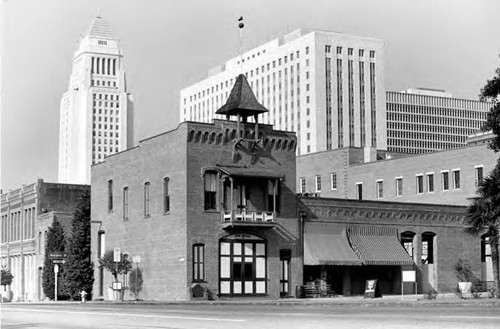 Plaza Firehouse at the corner of Los Angeles Street and Calle de la Plaza with City Hall in the background