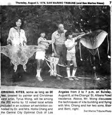 Central City Optimist Club's first annual art show at the home of Dr. and Mrs. Hollis Chang. Photo from a newspaper article in the San Marino Tribune of Tyrus Wong showing children his kites