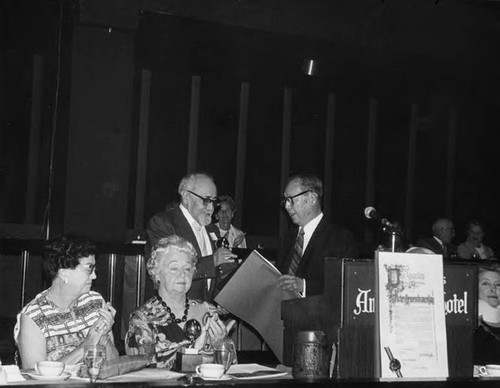 Teacher's Remembrance Day Lunch at the Ambassador Hotel's Coconut Grove in Los Angeles. Stanley H. Chan was the presenter and Dr. Raymond Jose Sender was the honoree