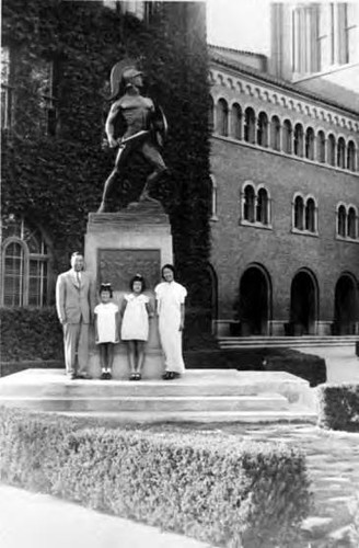 Professor and Mr. Theodore Chen and daughters with "Tommy Trojan" University of Southern California, Los Angeles