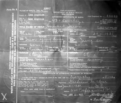 Birth certificate of Howard Quon