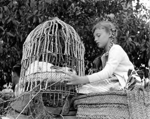 Girl with white rabbit in cage