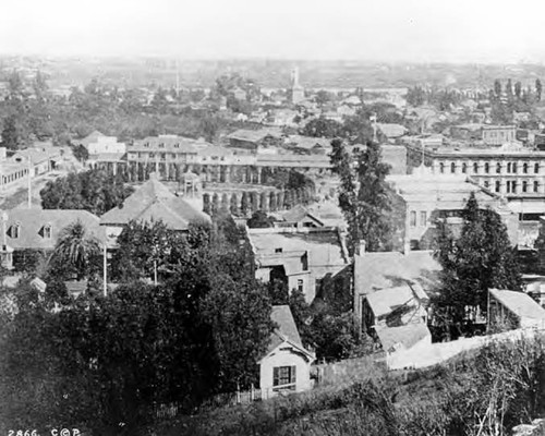 Photograph taken of Plaza and Pico House from Fort Hill