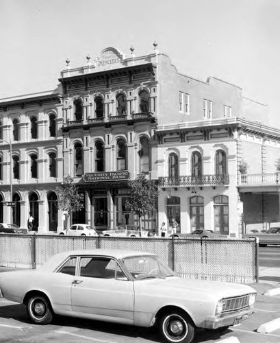 Merced Theater, Security Pacific Bank, angle shot from Main Street