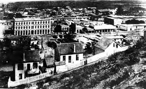 Pico House from Fort Moor Hill, with Abel Stearn's adobe at far right, behind the adobe is Arcadia block