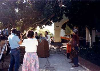 Indian Memorial Garden dedication- April 17, 1986 left to right: Colleen Colson, Jerry Smart, Iron Eyes Cody (at the podium)