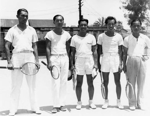 Men at the LA Chinese Tennis Club, George Tong is on the left