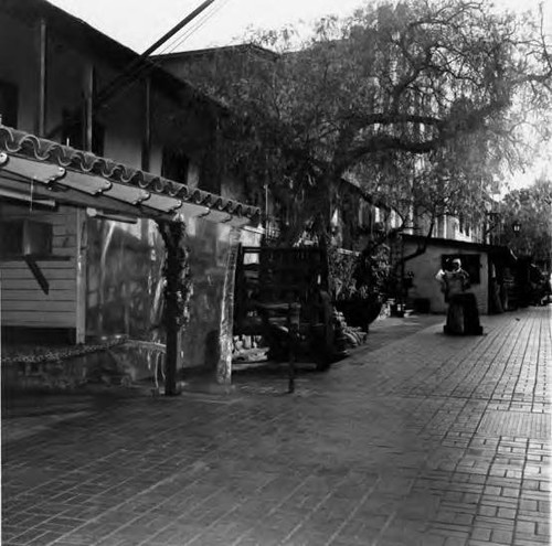 "Avila Adobe Restoration Fund" Olvera Street facade looking towards M.T.A