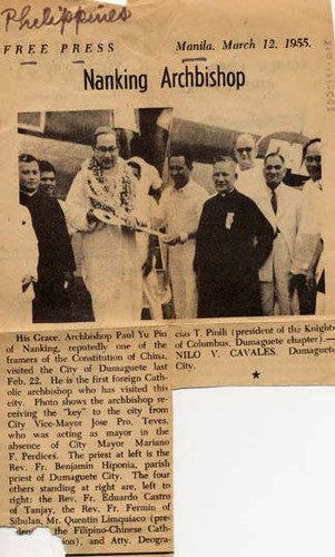 Newspaper article from the Philippines Free Press, titled "Nanking Archbishop." The article's subject is Archbishop Paul Yu Pin of Nanking